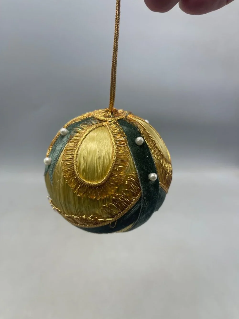 vintage set of 2 silk Christmas ornament gold green ribbon embellished felt READ